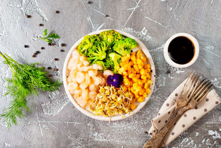 asian ingredients for salad, salad with shrimps and sproutsの写真素材