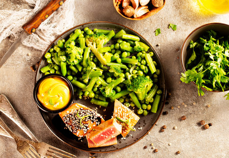buddha bowl with vegetables in brown bowlの写真素材