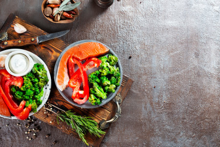 raw salmon fish, diet food, salmon with vegetablesの写真素材
