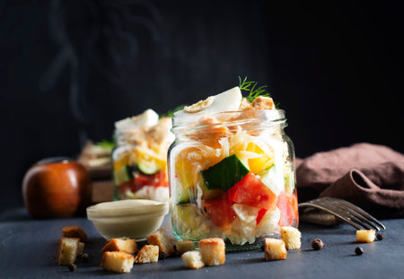 caesar salad in glass bank, fresh salad with chickenの写真素材