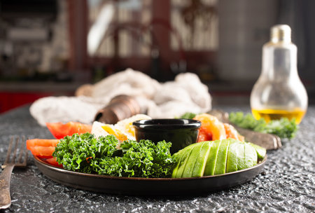 salad with eel rice chicken vegetables, diet saladの写真素材