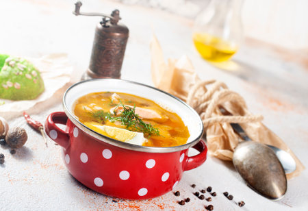 salmon soup, fersh soup with salmon fishの写真素材