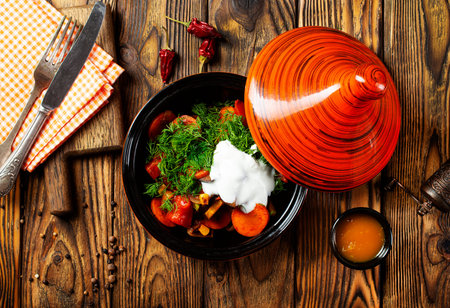 Mixed roasted vegetables with thyme in tagine.の写真素材