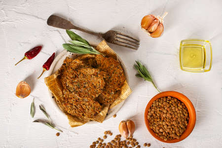 Lentil cutlets on papaer. Healthy vegan food concept.の写真素材