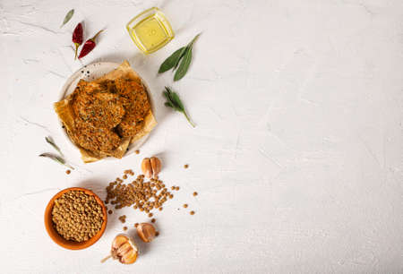Lentil cutlets on papaer. Healthy vegan food concept.の写真素材
