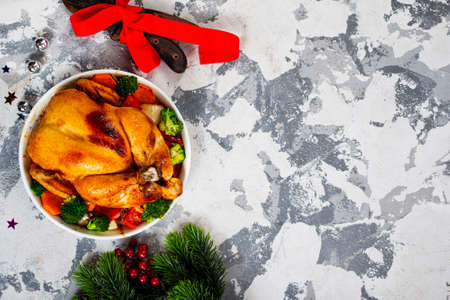 Roast chicken with lemons and spice for Christmasの写真素材