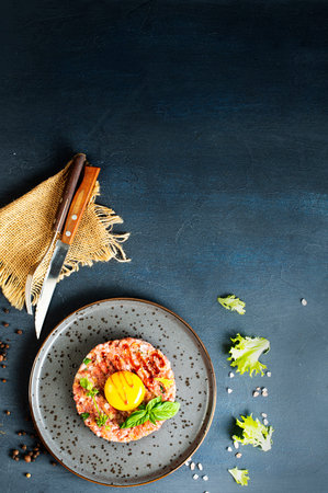 tar-tar from beef with raw yolk on plateの写真素材