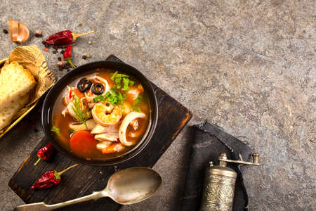 Bowl of fresh seafood soup, soup with aroma spiceの写真素材