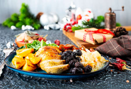 Salad Olivier. Russian traditional salad. salad with chicken and vegetablesの写真素材