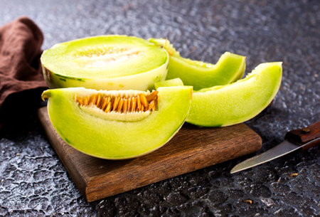 slice of japanese melons, orange melon or cantaloupe melonの写真素材