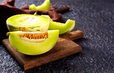 slice of japanese melons, orange melon or cantaloupe melonの写真素材
