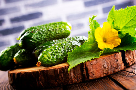 Cucumber on wooden board and vintage background.の写真素材