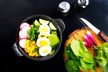 Bowl of vegetarian salad with boiled eggs- radishes- cucumbers- corn saladの写真素材