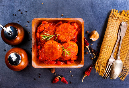 hot meatballs with tomato sauce and basil close-up. top viewの写真素材