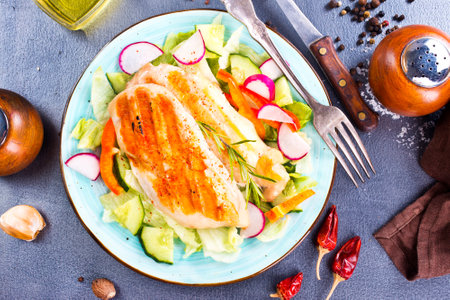 Marinated grilled healthy chicken breasts cooked on a summer BBQ and served with fresh herbs and lemon juice on plateの写真素材