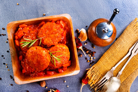 hot meatballs with tomato sauce and basil close-up. top viewの写真素材