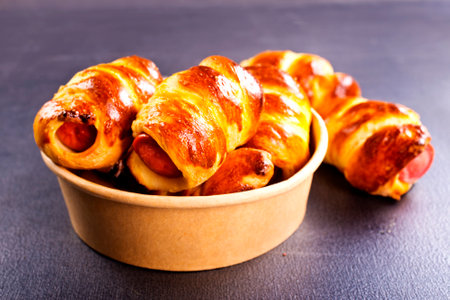 An uncooked sausage bread roll or hotdog bun doughの写真素材
