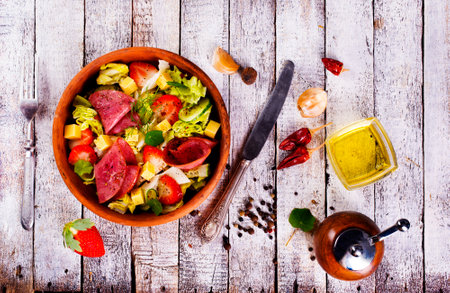 Iberian Ham, Strawberries and vegetables. Restaurant menu, dieting, cookbook recipe top view.の写真素材