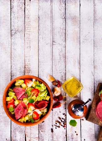 Iberian Ham, Strawberries and vegetables. Restaurant menu, dieting, cookbook recipe top view.の写真素材