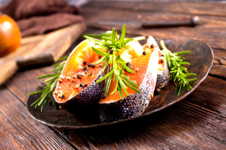 Delicious cooked salmon fish filletsの写真素材