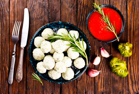 Meat balls with broccoli on plate.の写真素材