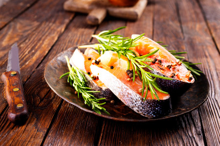 Delicious cooked salmon fish filletsの写真素材