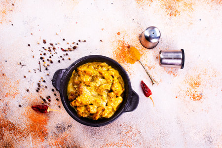 Chicken curry or masala, Kerala style chicken curry using fried coconut in traditional way and arranged in a black ceramic vesselの写真素材