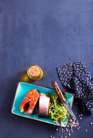 fresh steak salmons and different spicesの写真素材
