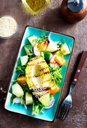 diet salad with fresh avocadoの写真素材