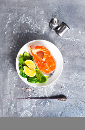 fresh steak salmons and different spicesの写真素材
