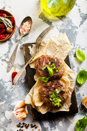 Pork cutlets from minced meat. Cutlets on craft paperの写真素材