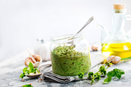 pesto sauce in glass jarの写真素材