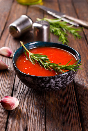 traditional spanish cold soup puree gaspacho or gazpachoonの写真素材