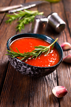 traditional spanish cold soup puree gaspacho or gazpachoonの写真素材