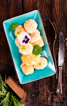salmon cutlets on blue plate, diet foodの写真素材
