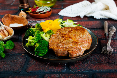 steak with onions and cherry tomatoesの写真素材