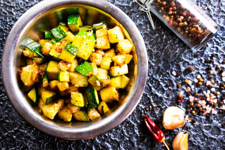 fried zucchini in oil, with salt and garlicの写真素材
