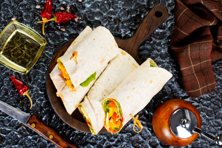 Salmon and cream cheese wraps. Rolls with smoked salmon, basil and rocket salad.の写真素材