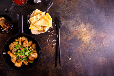 meat in pan, fried meat with salt and spiceの写真素材