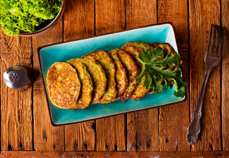 Zucchini Fritters with Herbs and Cream Cheese Topping, Tasty Vegetable Pancakes, Vegetarian Mealの写真素材