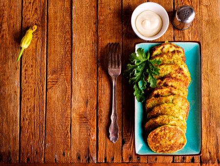 Zucchini Fritters with Herbs and Cream Cheese Topping, Tasty Vegetable Pancakes, Vegetarian Mealの写真素材