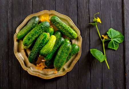 Fresh and healthy organic cucumbers served on metal plate. Close up.の写真素材