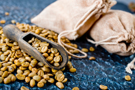 Green coffee on dark backgroundの写真素材