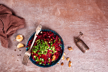 Ripe beet salad with balsamic vinegar dressing and thyme.