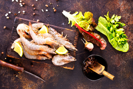 Raw tiger white shrimp prawn on board with herbs. Dark background.の写真素材