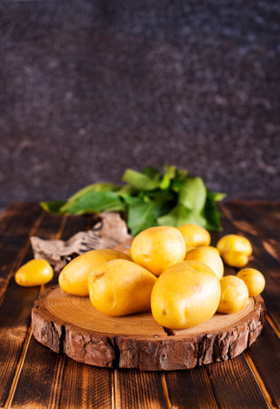 Raw potato and leaves on a tableの写真素材
