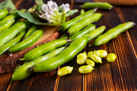 Soybean on wooden table, raw beans on wooden backgroundの写真素材