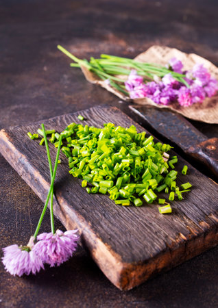 Purple onion flower and fresh green onionの写真素材