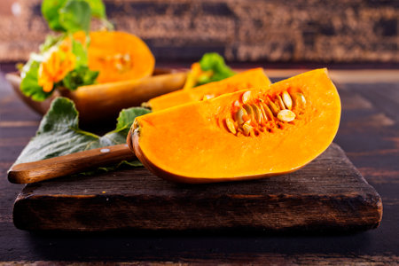 Pumpkins on the table. Autumnal Background. Harvest and decoration.の写真素材