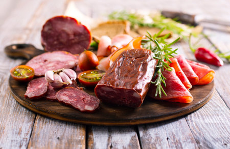 Different Italian ham and salami with herbs on wooden boardの写真素材